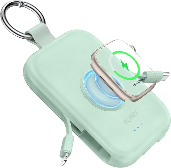 RORRY Portable Charger, 5000mAh Portable Charger Power Bank with Built-in Cables, Travel Keychain Battery Pack for Apple Watch Ultra/11/10/9/8/7/6/SE, iPhone Air/17/16/15/14/13/12, Green