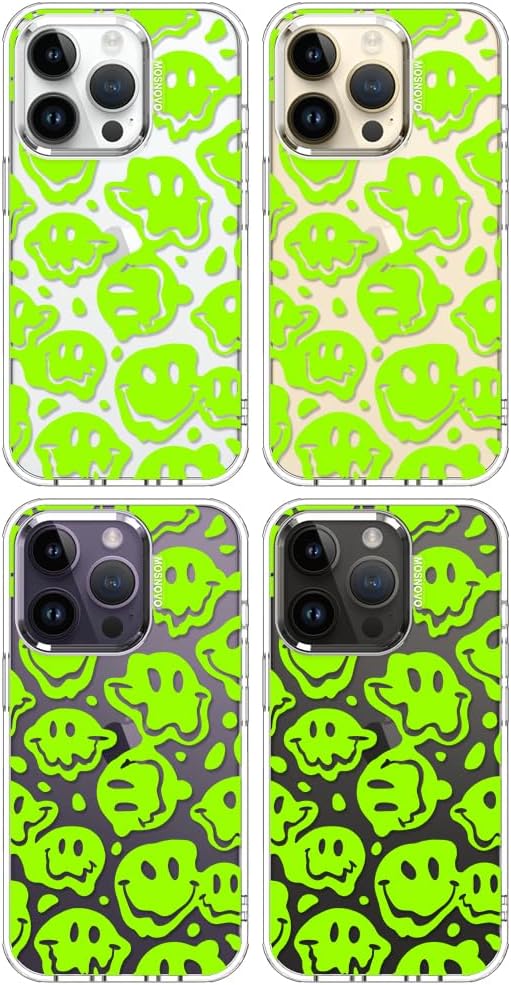 MOSNOVO Case for iPhone 14 Pro, [Buffertech 6.6ft Military-Grade Drop Protection] [Anti Peel Off Tech] Clear TPU Bumper Phone Case Cover Design - Distorted Green Smiles Face