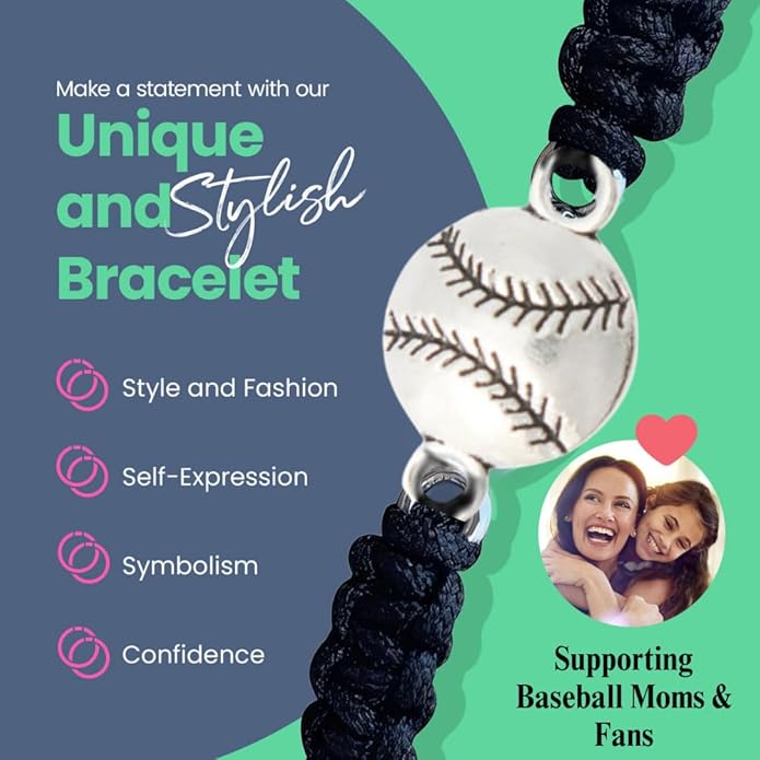 Sportybella - Baseball Bracelet, Baseball Jewelry, Adjustable Braided Baseball Bracelet, Baseball Gifts, Baseball Accessories
