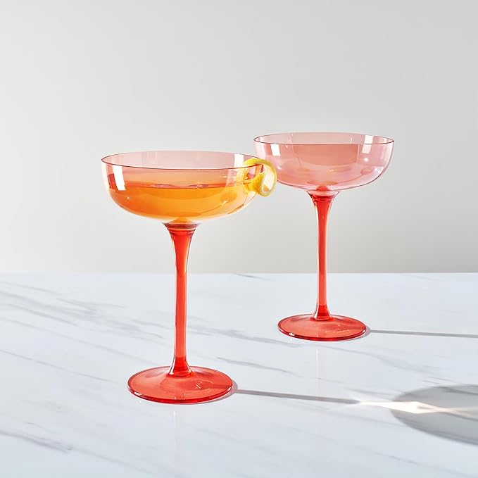 Acrylic Shatterproof Martini, Margarita, Champagne & Cocktail Unbreakable Glasses | Set of 2 | Large Plastic Coupe Glasses 15oz, Tritan Drinkware, BPA-free, Reusable, Pool, Indoor & Outdoor (Orange)