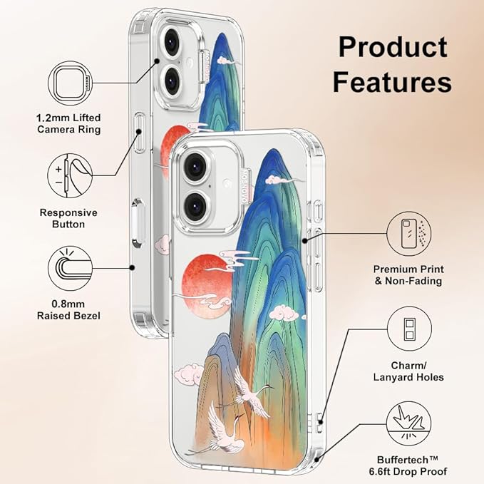 MOSNOVO for iPhone 16 Plus Case, Shockproof Military-Grade Protection 6.6ft Drop Tested, Clear Phone Case for iPhone 16 Plus, Celestial Cranes Design