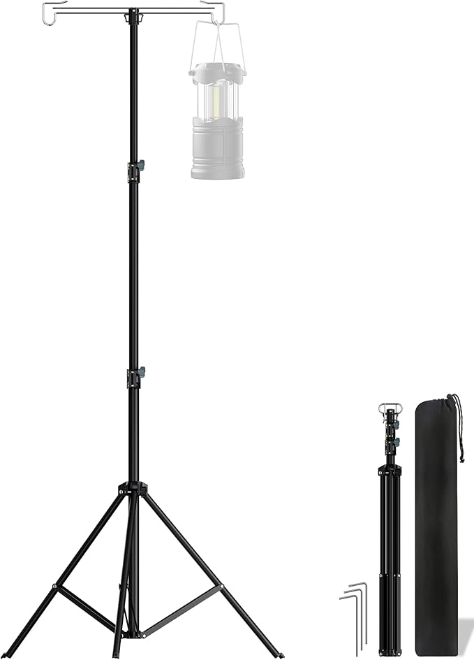 Telescopic Height Adjustable Camping Lantern Tripod Stand - 2-Hook Lantern Hanger for Outdoor Camping/RV/Tent