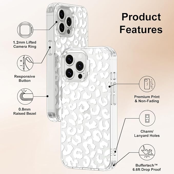 MOSNOVO Case for iPhone 13 Pro Max, [Buffertech 6.6ft Military-Grade Drop Protection] [Anti Peel Off Tech] Clear TPU Bumper Phone Case Cover Design - White Leopard Print