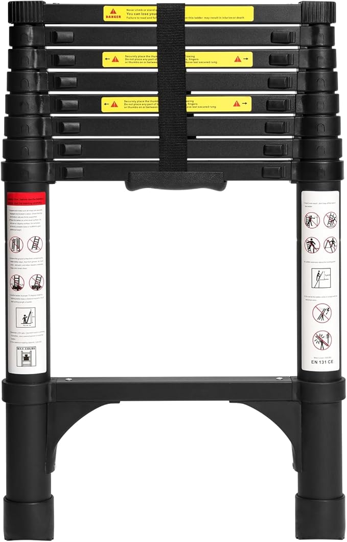 BOCOM 8.5 FT Aluminum Telescoping Ladder, Lightweight Multi-Purpose Collapsible Extension with 2 Triangle Stabilizers, Heavy Duty 330 lbs Max Capacity, Ideal for Home, RV, and Outdoor Work Black