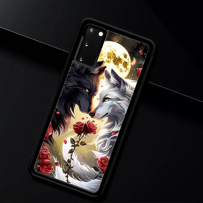 for Samsung Galaxy S20 Case, Black White Wolf Moon Flower Rose Pattern Graphic Design Girl Boy Soft Silicone Hard Acrylic Shock Protection for Samsung Galaxy S20