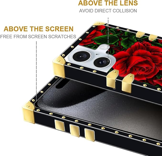 Compatible with iPhone 16 Plus Case, Vector Red Rose Green Leaf Luxury Golden Decoration for Girl Women Soft TPU Shockproof Protective Hard PC Back
