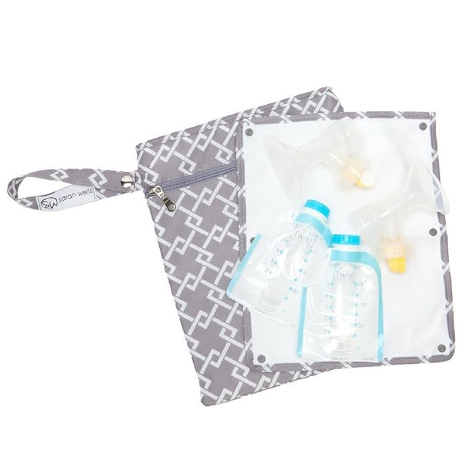 Sarah Wells Pumparoo Wet Dry Bag for Breast Pump Parts – Compact Organizer with Waterproof Pocket, Staging Mat & Fridge Hack – Machine Washable Pumping Accessory (Gray)