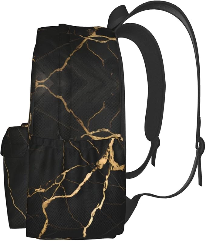 cfpolar 17 Inch Backpack Black & Gold Marble Art Laptop Bag Shoulder Bag School Bookbag Casual Daypack For Boys Girls
