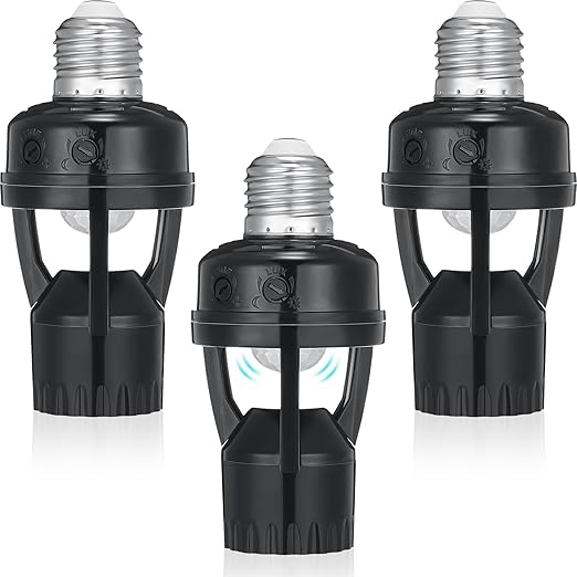 Hortsun 3 Pcs Motion Sensor Light Socket Smart Screw in Light Bulb Outlet Compatible with E26/e27 Automatic on Off Night Light Control for Basement Basement Porch Storage Room, Black