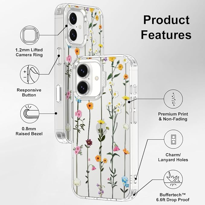 MOSNOVO for iPhone 17 Case | Military Grade 6.6ft Drop Tested | Camera Control | Clear with Wildflowers Design