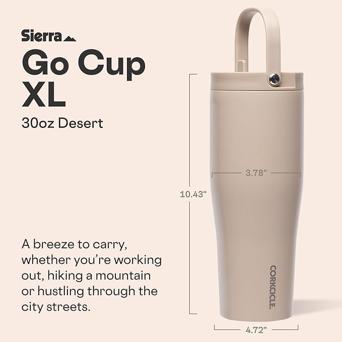 Corkcicle Go Cup XL - Leak-Proof Travel Tumbler - Triple Insulated Stainless Steel Water Bottle - Easy-Carry Handle - Summer Drinkware Gift - Keeps Drinks Ice Cold - 30 oz - Desert