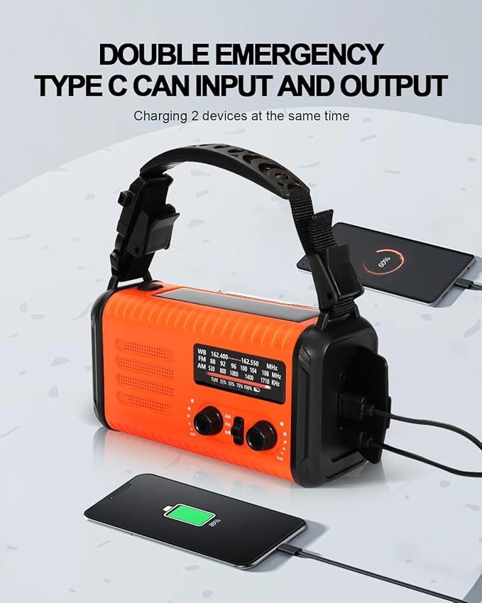 Emergency Crank Radio, 20000mAh / 74000mWh Solar Hand Crank Weather Radio with NOAA/AM/FM, Battery Powered Radio with Cell Phone Charger, Reading Lamp, Flashlight & SOS for Emergencies/Home (Orange)