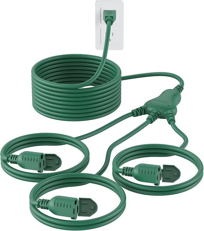 PLUGTUL 42FT Outdoor Extension Cord with Multiple Outlets, 1 to 3 Splitter Max 30 FT End to Male Plug (Total 42FT) 16/3 SJTW Waterproof Power Cord for Halloween Christmas, ETL Listed, Green