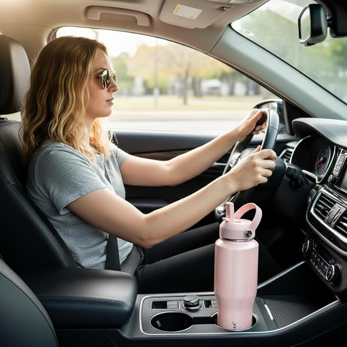SENDESTAR 32oz Stainless Steel Water Bottle(Cold for 48 Hrs, Hot for 24 Hrs),Double Wall Vacuum Insulated Bottle with Straw Lid, Spout Lid and Flex Cap, Fit in Any Car Cup Holder,Laser Pink