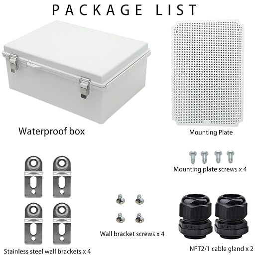Waterproof Electrical Box with Mounting Plate, IP67 Junction Box Stainless Steel Latch Hinged Grey Cover Project Enclosure with Wall Bracket and 2 Glands 14" x 10" x 6"