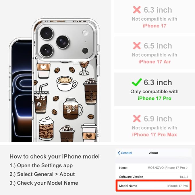 MOSNOVO for iPhone 17 Pro Case | Military Grade 6.6ft Drop Tested | Camera Control | Clear with Coffee Design