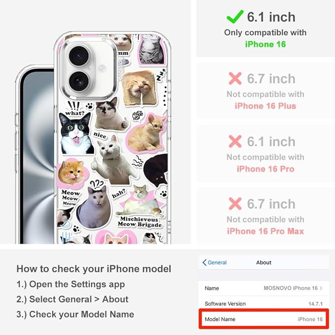 MOSNOVO Case for iPhone 16, [Buffertech 6.6ft Military-Grade Drop Protection] [Anti Peel Off Tech] Clear TPU Bumper Phone Case Cover Design - The Cat Brigade