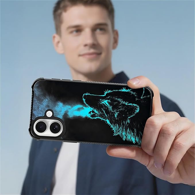 for iPhone 17 Case,for MagSafe Graphic Design for Girl Boy Soft Silicone Hard Acrylic Shock Protection Designed for iPhone 17 Blue Breathing Wolf Pattern
