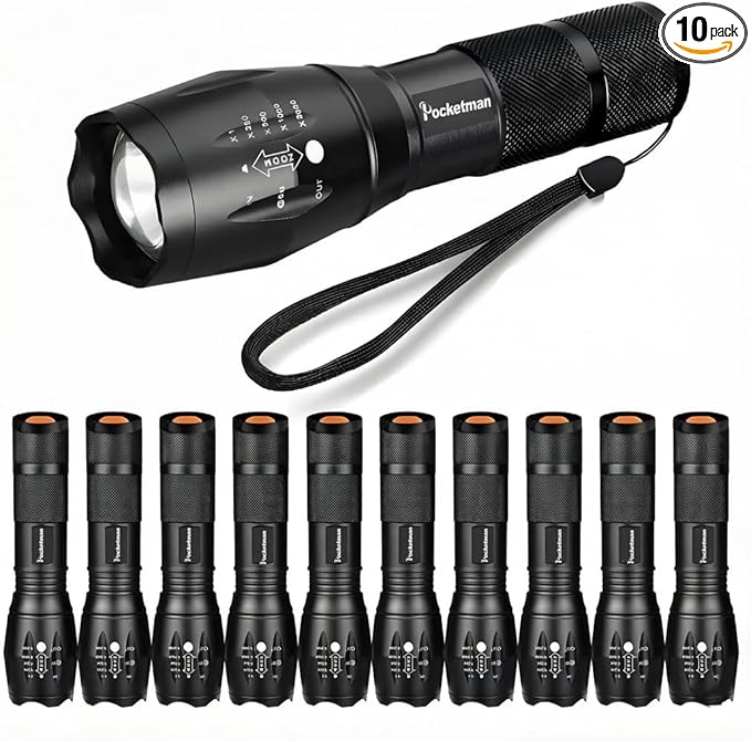 Pocketman LED Tactical Flashlight Super Bright LED Flashlights Portable Outdoor Water Resistant Torch with 5 Light Modes（10Pack）