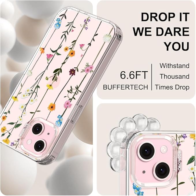 MOSNOVO Case for iPhone 15 Plus/iPhone 14 Plus, [Buffertech 6.6ft Military-Grade Drop Protection] [Anti Peel Off Tech] Clear TPU Bumper Phone Case Cover Design - Wildflowers