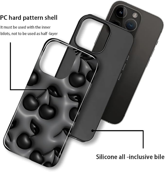 for iPhone 14 Pro Case,HL2 Cute Cool Cherry Black Hybrid 2 Layer Hard Shell Silicone Protective Pattern Design Case