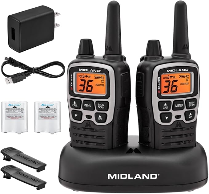 Midland® T71VP3 X-TALKER Long Range Walkie Talkie - FRS Two-Way Radio for Camping Overlanding Rock Crawling - NOAA Weather Scan - 36 Channels and 121 Privacy Codes Black/Silver 2 Pack