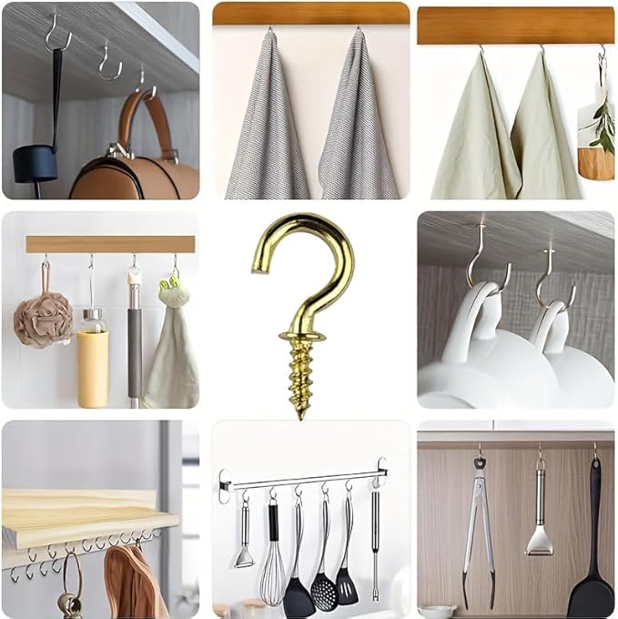 Set of 100 Nickel Plated Metallic Golden Cup Hooks Small Hooks, 1/2 Inch Delicate Size, Threaded Ceiling Hooks, Plant Hooks, Kitchen, and More Multi-Purpose in One.