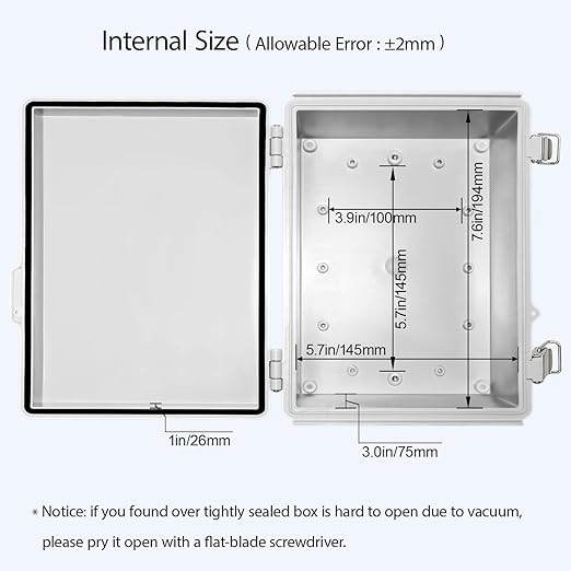 LeMotech Electrical Box, IP67 Waterproof Hinged Cover Stainless Steel Latch Junction Box, ABS Plastic Electrical Enclosure with Mounting Plate,Wall Brackets, Cable Glands,8.7"x6.7"x4.3",Grey