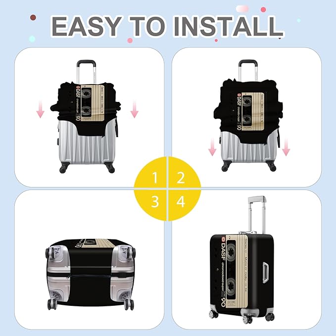 ANNA QUEEN Retro Cassette Tape Luggage Cover, Vintage Music Design Suitcase Protector, Washable Stretchable Travel Sleeve for 24-26 Inch Luggage
