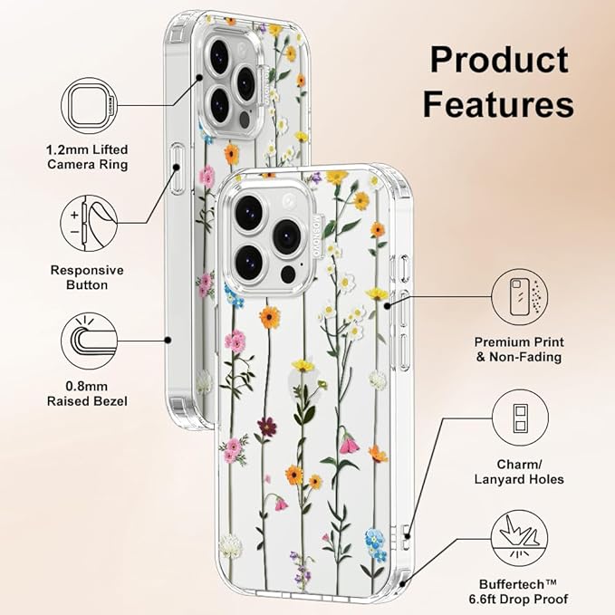 MOSNOVO Case for iPhone 13 Pro, [Buffertech 6.6ft Military-Grade Drop Protection] [Anti Peel Off Tech] Clear TPU Bumper Phone Case Cover Design - Wildflowers