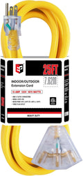 EP 25 Ft 12 Gauge Heavy Duty Extension Cord, 15A 125V 1875W, 3 Outlet Indoor/Outdoor Power Cord with Lighted End, 12/3 SJTW Weatherproof Yellow