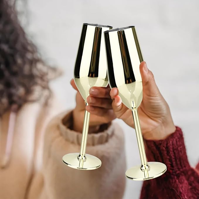TJ Unbreakable 8 Oz Stainless Steel Champagne Flutes (4 Pack)- Gold Champagne Glasses - Reusable Indoor Outdoor Drinkware - Keeps Drink Cool for Longer - Gift Idea