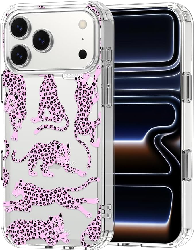 MOSNOVO for iPhone 17 Pro Max Case | Military Grade 6.6ft Drop Tested | Camera Control | Clear with Pink Leopard Design