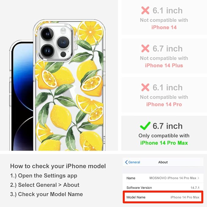 MOSNOVO Case for iPhone 14 Pro Max, [Buffertech 6.6ft Military-Grade Drop Protection] [Anti Peel Off Tech] Clear TPU Bumper Phone Case Cover Design - Lemon