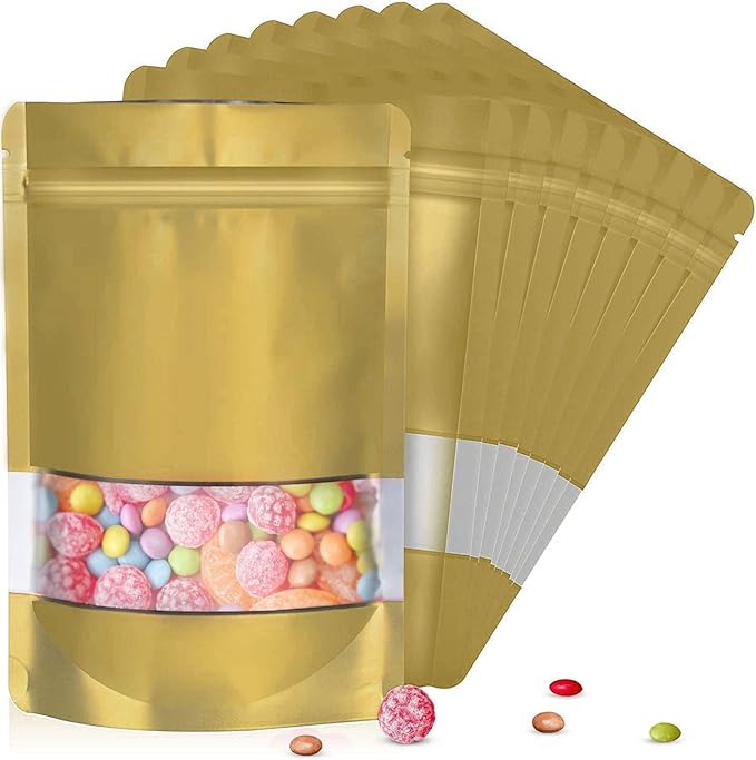 5.9"x8.6" 120pcs Mylar Bags for Food Storage,Smell Proof Bag with Matte Window Resealable Food Storage Bags for Small Business, Stand-up Foil Pouch Packaging Freeze Dried Candy Bag(Gold)