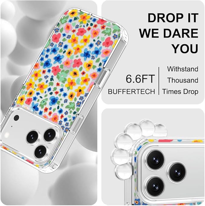 MOSNOVO for iPhone 17 Pro Max Case | Military Grade 6.6ft Drop Tested | Camera Control | Clear with Little Flowers Design