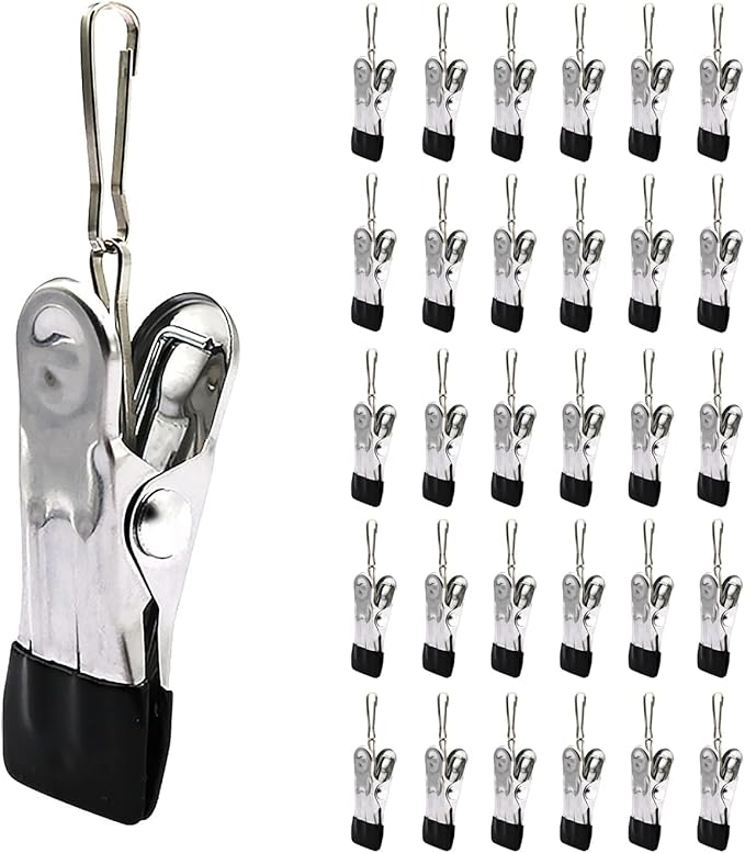 30PCS Small Clothes Pin with Hook for Easy Hanging, Stainless Steel Clothespins, Metal Laundry Grip Clips, Anti Rust, Multipurpose