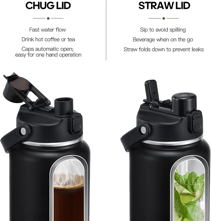 64oz Half Gallon Insulated Water Bottle with 2-in-1 Lid (Chug & Straw), Double Walled Vacuum Stainless Steel Water Bottles, Wide Mouth Leakproof Insulated Jug with Straw