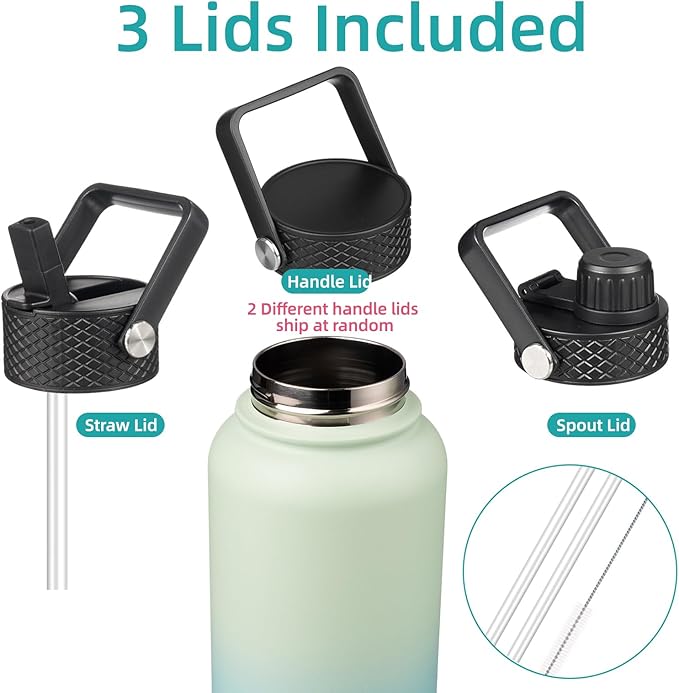 Konokyo 32 oz Insulated Water Bottle Stainless Steel Sport Bottles with 3 Lids,Mint