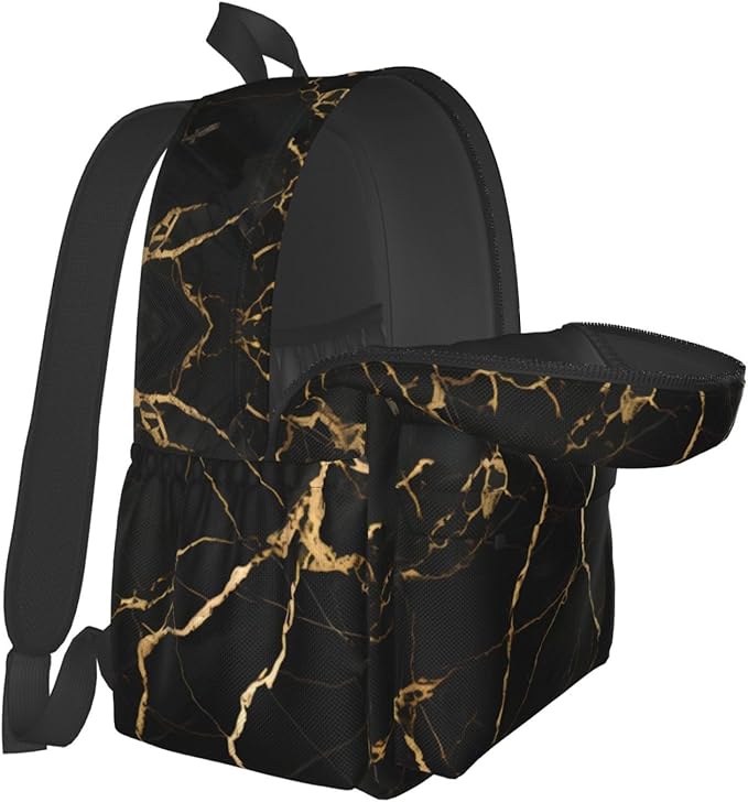 cfpolar 17 Inch Backpack Black & Gold Marble Art Laptop Bag Shoulder Bag School Bookbag Casual Daypack For Boys Girls