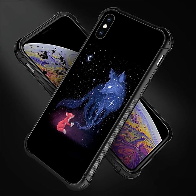 for iPhone X/Xs Case, Galaxy Fox Wolf Pattern Graphic Design Girl Boy Soft Silicone Hard Acrylic Shock Protection for iPhone X/Xs