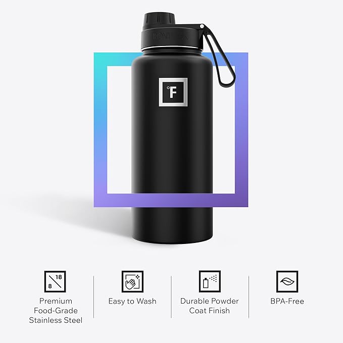IRON °FLASK Camping & Hiking Hydration Flask with Spout, Wide Mouth Insulated Stainless Steel Sports Water Bottle - Dark Rainbow 32 oz - Spout (1 Lid)