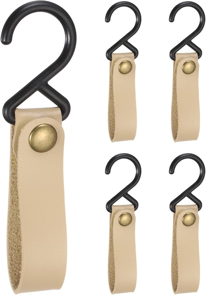 uxcell 5pcs PU Leather Hooks, Leather Straps with Hooks, S-Shape Hooks for Outdoor Camping Hanging Pots Pans Utensils White