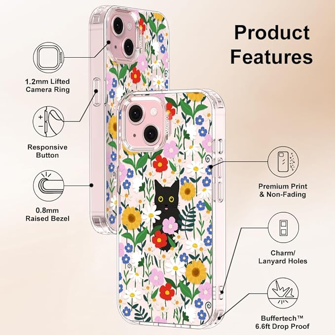 MOSNOVO Case for iPhone 15 Plus/iPhone 14 Plus, [Buffertech 6.6ft Military-Grade Drop Protection] [Anti Peel Off Tech] Clear TPU Bumper Phone Case Cover Design - Black Cat in Garden