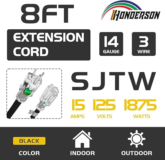Indoor Outdoor Extension Cord Weatherproof with Lighted End, UL Certified, 14 Gauge 8FT Black 3 Prong Heavy Duty, 14/3 SJTW 15A Power Cord for Outdoor Lights, Lawn