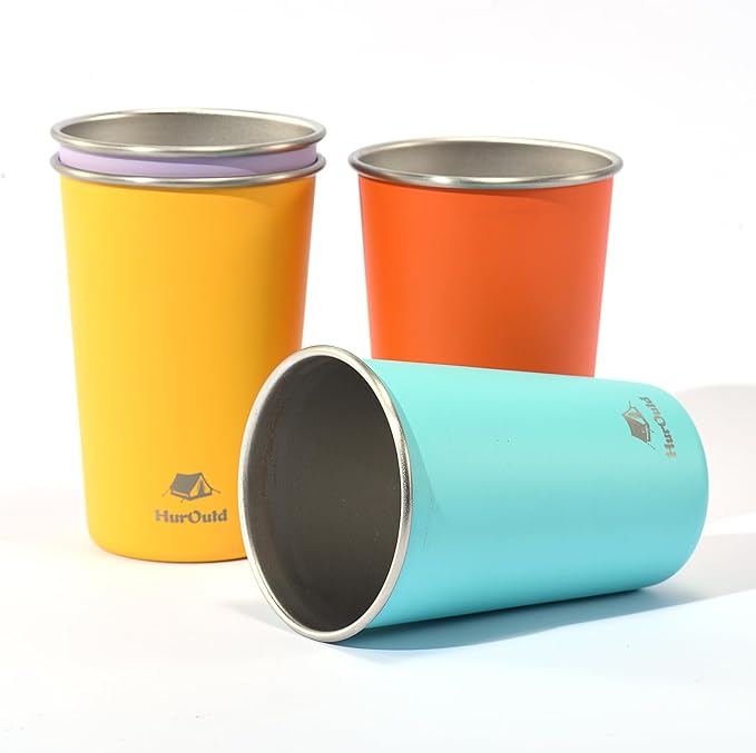 4 Pack Stainless Steel Cups 16oz - Colorful Stackable Metal Drinking Glasses for Camping, Travel, Shatterproof Tumblers