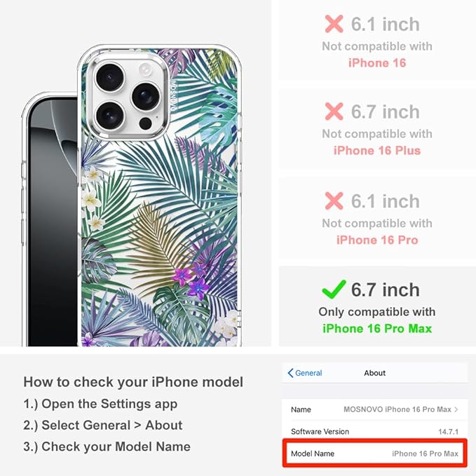 MOSNOVO Case for iPhone 16 Pro Max, [Buffertech 6.6ft Military-Grade Drop Protection] [Anti Peel Off Tech] Clear TPU Bumper Phone Case Cover Design - Tropical Rainforests