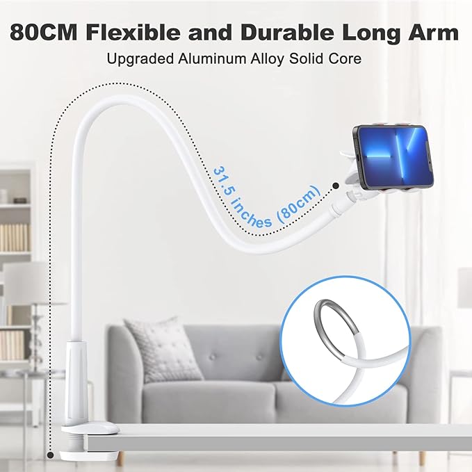 Gooseneck Cell Phone Holder, Universal 360 Flexible Phone Stand Lazy Bracket Mount Long Arms Clamp for Phone 13 Pro Xs Max XR X 8 7 6 6s Plus and Other 3.5~6.7'' Device (White)…