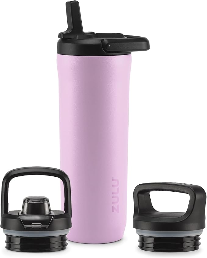 ZULU Base 18oz Kids Stainless Steel Water Bottle with 3 Lids- Straw, Chug, Twist | Double Walled and Vacuum Insulated Metal Thermos | Fits Car Cupholder, Built in Carry Loop, Dishwasher Safe, Pink