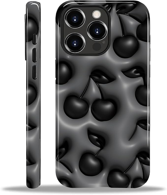 for iPhone 13 Pro Case,HL2 Cute Cool Cherry Black Hybrid 2 Layer Hard Shell Silicone Protective Pattern Design Case
